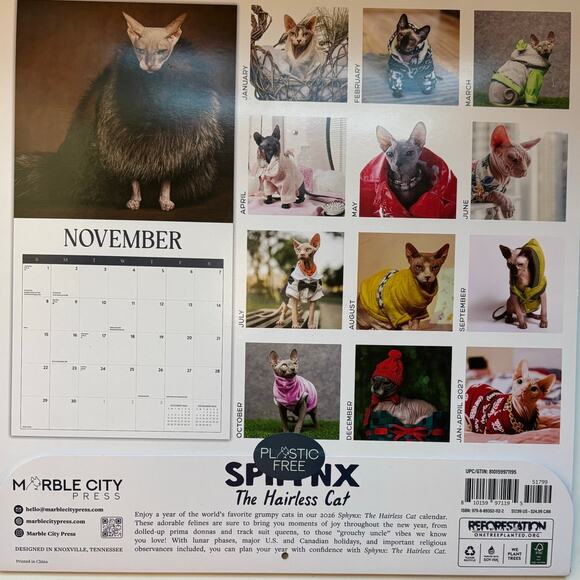 Sphinx The Hairless Cat 2026 Monthly Calendar NEW Cats in Outfits Cat Lover Gift - Picture 2 of 3